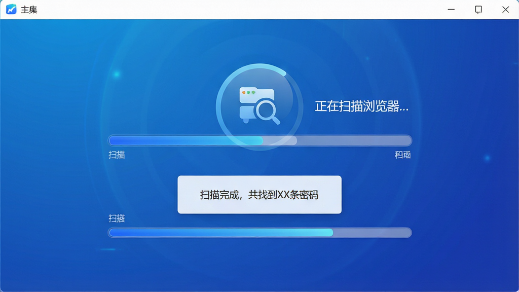 主体:软件主界面,扫描进度条正在加载,旁边显示“正在扫描浏览器...”文字。布局:居中显示扫描动画,下方为进度条。排版:简洁,聚焦扫描过程。风格:科技感,蓝色渐变背景。细节:扫描完成后弹出提示框“扫描完成,共找到XX条密码”。画质:高清,干净,无多余元素。