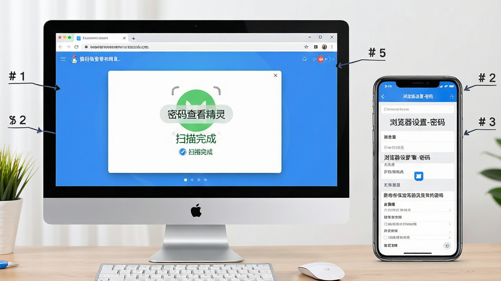 主体:电脑屏幕展示网页密码查看精灵界面,旁边有一个手机,屏幕上显示密码查看步骤。布局:电脑与手机并排,电脑为主,手机为辅。排版:步骤以数字标注,清晰明了。风格:教学风格,明亮色调。细节:电脑界面显示“扫描完成”,手机界面显示“浏览器设置-密码”页面。画质:高清,干净,无多余元素。