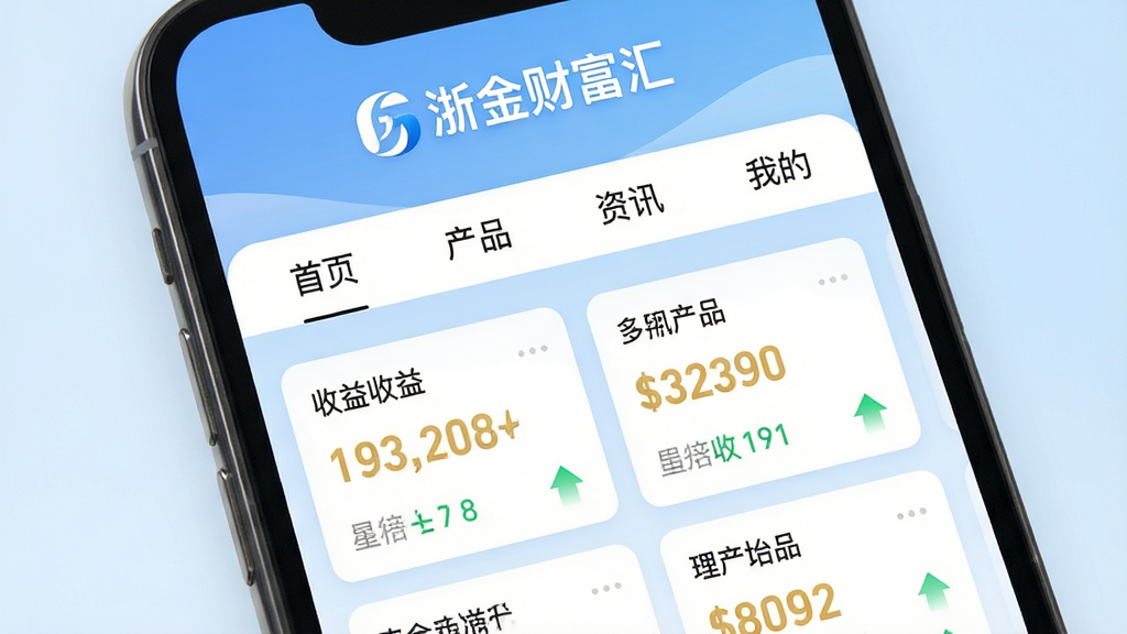 画面主体为智能手机屏幕展示“浙金财富汇”APP主界面,界面风格简洁现代,顶部显示“浙金财富汇”白色文字与蓝色LOGO,下方排列着“首页”、“产品”、“资讯”、“我的”四个选项卡,中间区域展示理财产品卡片列表,背景为淡蓝色渐变,整体布局规整,排版清晰,风格商务科技感,细节包括金色收益数字与绿色涨跌箭头,画质高清干净,无多余元素