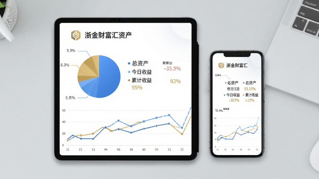 画面主体为平板电脑与手机并排展示“浙金财富汇”资产总览图表,屏幕上显示饼状图与折线图,标注“总资产”、“今日收益”、“累计收益”等中文字样,背景为浅灰色办公桌面,布局左右对称,排版专业,风格商务极简,细节包括蓝色与金色数据线条,画质干净无多余元素