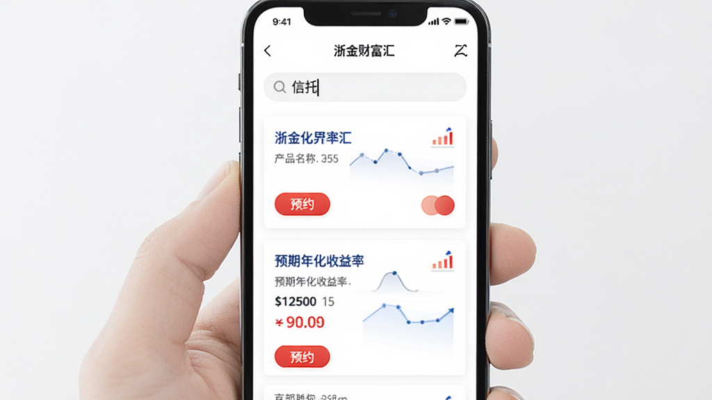 画面主体为手机屏幕显示“浙金财富汇”产品列表页,顶部搜索栏输入“信托”,下方排列产品卡片,每张卡片标注产品名称、预期年化收益率与期限,背景为纯白色,布局纵向滚动,排版简洁,风格金融科技,细节包括红色“预约”按钮与蓝色产品名称,画质干净无多余元素