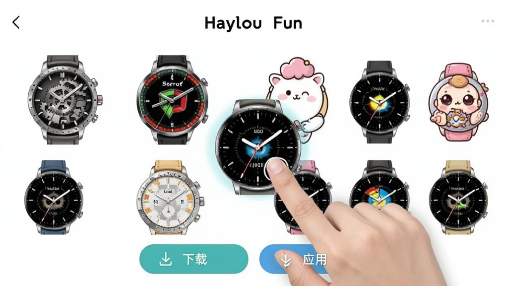 展示Haylou Fun表盘市场的界面截图,画面中多个不同风格的表盘缩略图整齐排列,包括机械风格、运动风格、可爱卡通风格等,用户正在点击其中一个进行预览,界面下方有“下载”和“应用”按钮,整体色调清新明亮,画质清晰,无多余元素。