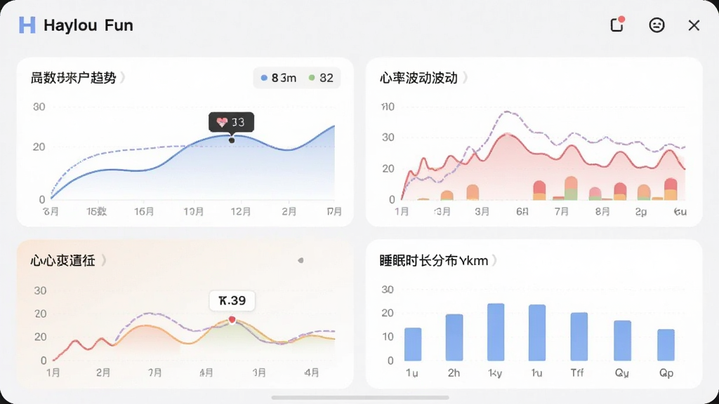 展示Haylou Fun健康数据页面的截图,界面以折线图和柱状图展示最近一周的步数趋势、心率波动和睡眠时长分布,数据卡片设计精致,颜色搭配柔和,整体风格专业清晰,画质干净,无多余元素。