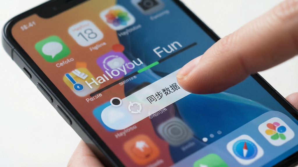展示Haylou Fun应用在手机上的操作界面,用户手指正在点击“同步数据”按钮,界面显示同步进度条,背景为手机桌面,手机边框可见,整体画面清晰明亮,风格写实,画质干净。