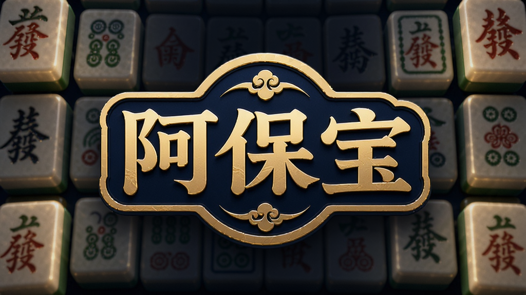 画面中央展示“阿保宝”品牌标识,标识以金色与深蓝为主色调,背景为动态的麻将牌墙,牌面隐约发光,整体布局对称稳重,风格现代且带有传统国风韵味,细节处理精致,画质清晰干净,无多余元素。