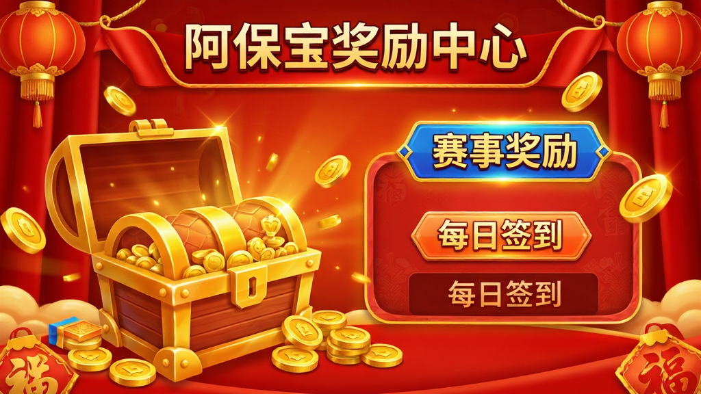 展示阿保宝奖励中心界面,金色宝箱与金币洒落,背景为喜庆红色,文字“每日签到”“赛事奖励”高亮,风格华丽,布局饱满,画质清晰干净。