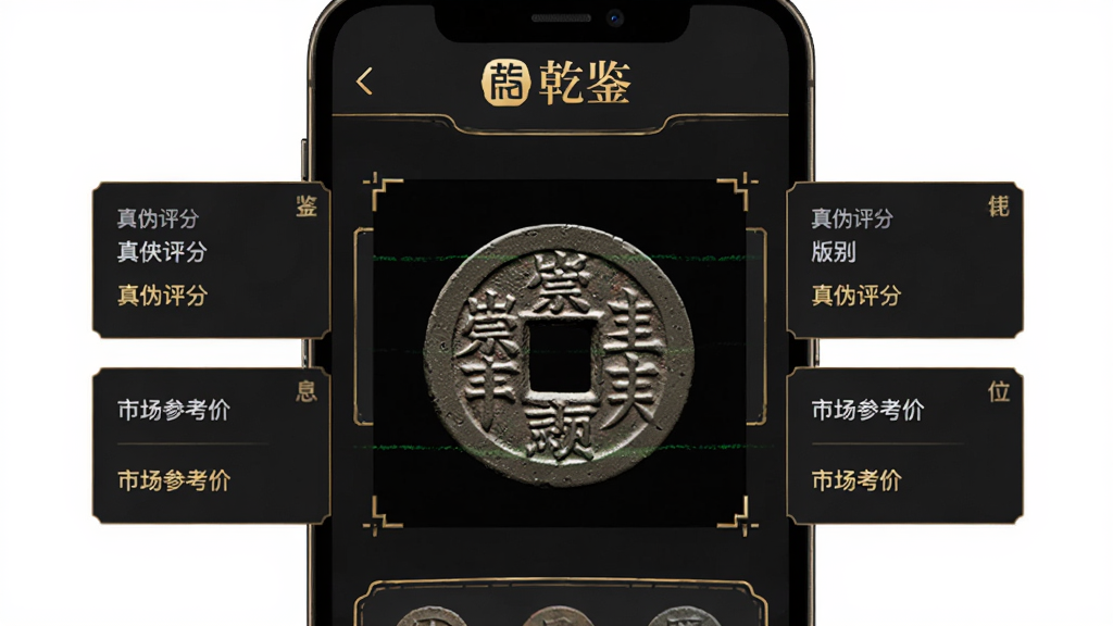 乾鉴app主界面预览图,展示古钱币高清扫描识别效果,手机屏幕中央显示一枚北宋崇宁通宝,周围有信息卡片标注真伪评分、版别、市场参考价,界面采用深色典雅风格,金色线条勾勒,顶部有“乾鉴”品牌logo,画面干净,细节丰富,画质清晰,无多余元素
