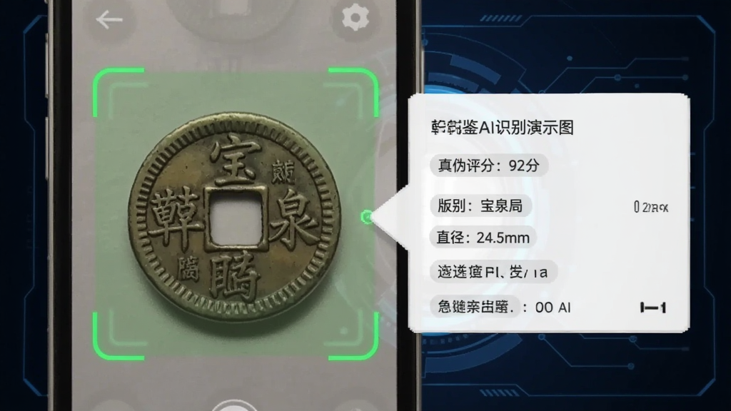 乾鉴AI识别功能演示图,手机屏幕显示一枚清代乾隆通宝被绿色扫描框锁定,旁边弹出识别结果卡片,包含真伪评分92分、版别“宝泉局”、直径24.5mm等参数,背景为深蓝色科技感界面,光线柔和,细节清晰,画质干净
