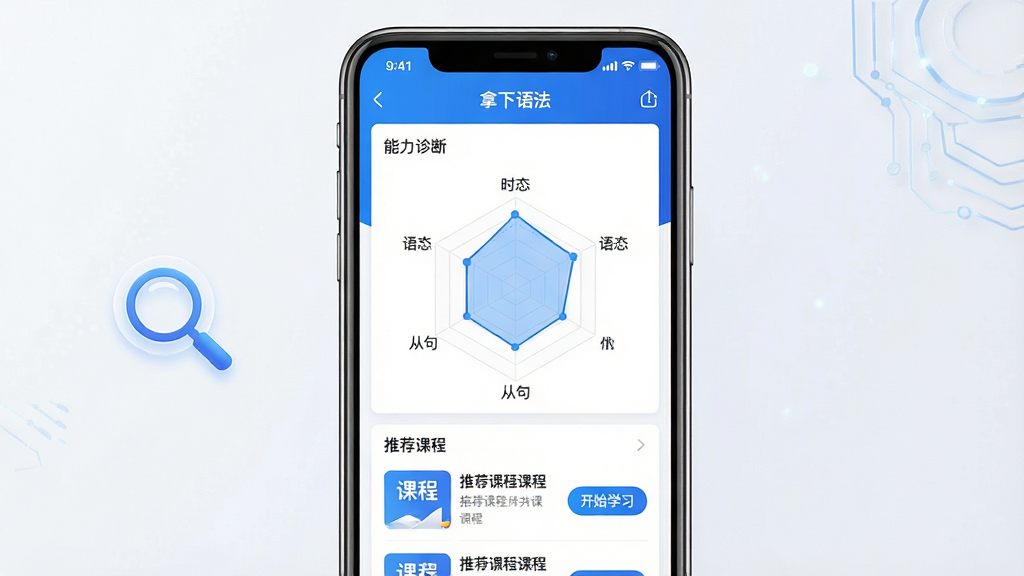 主体:手机屏幕显示“拿下语法”APP的语法诊断报告页,包含能力雷达图与推荐课程列表;布局:手机居中,左侧有放大镜图标;排版:报告页图表清晰,推荐课程以列表形式展示;风格:简洁科技感,蓝白配色;细节:雷达图标注“时态”“语态”“从句”等维度,推荐课程标有“开始学习”按钮;画质:高清渲染,干净,无多余元素