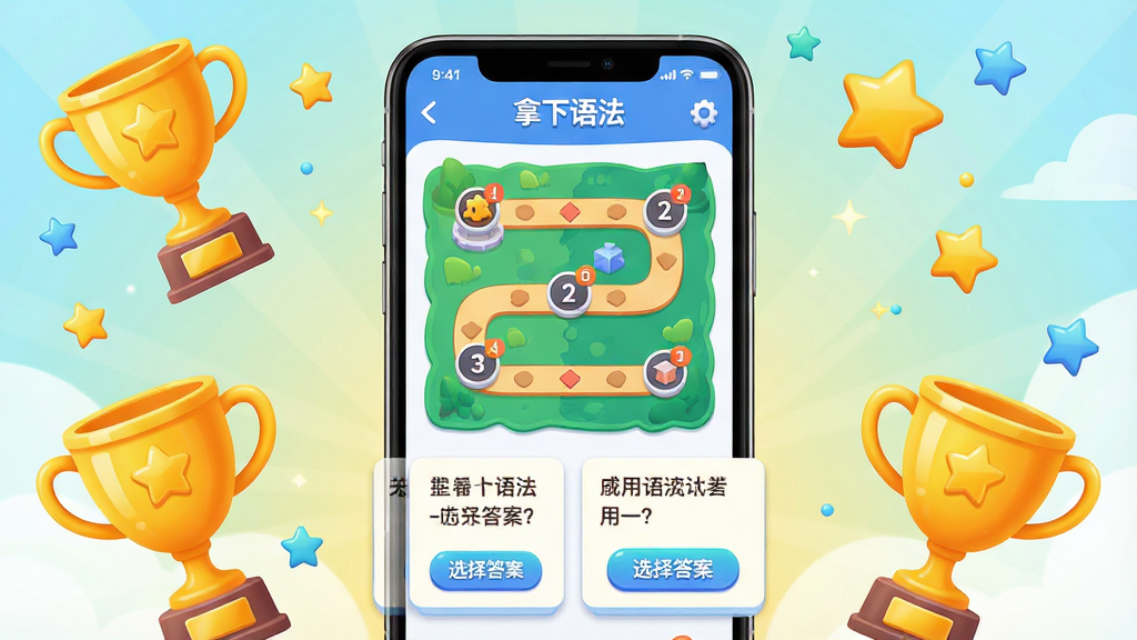 主体:手机屏幕展示“拿下语法”APP的闯关练习界面,显示关卡地图与题目;布局:手机居中,周围有金色奖杯和星星装饰;排版:关卡地图以路径形式呈现,题目卡片在屏幕下方;风格:游戏化插画风格,色彩明快;细节:关卡图标上标有数字,题目区域有“选择答案”按钮;画质:高清渲染,干净,无多余元素