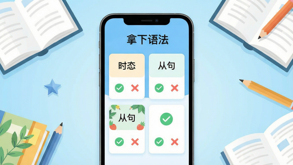 主体:手机屏幕展示“拿下语法”APP界面,屏幕中显示语法知识卡片与练习题目,背景为浅蓝色渐变;布局:手机居中,周围有书本、铅笔等学习元素点缀;排版:界面卡片整齐排列,上方有“拿下语法”标题文字;风格:扁平化插画风格,色彩明亮清新;细节:卡片上写有“时态”“从句”等中文标签,练习区有对勾和错叉图标;画质:高清渲染,干净,无多余元素