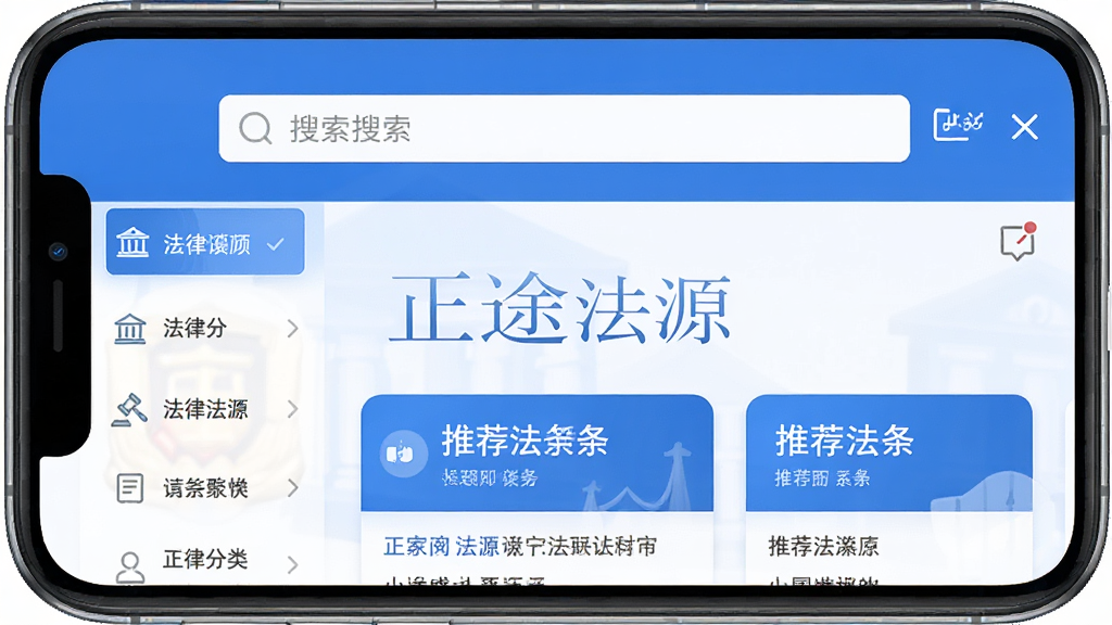 正途法源手机应用主界面预览图,展示首页法律分类导航、顶部搜索栏和推荐法条卡片,整体布局简洁清晰,采用蓝白配色,风格现代扁平,UI设计干净利落,画面中心显示“正途法源”应用名称,画质高清,无多余元素