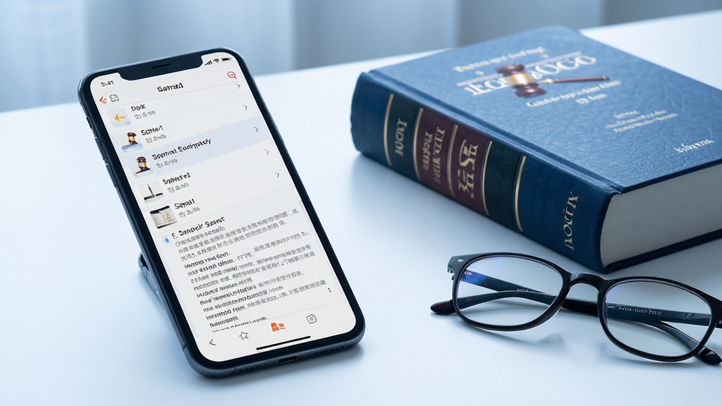 正途法源使用教程场景图,手机屏幕显示收藏夹列表和法条详情页,旁边摆放一本法律书籍和眼镜,桌面整洁,光线柔和,蓝白主色调,画面写实,干净无杂物,画质高清