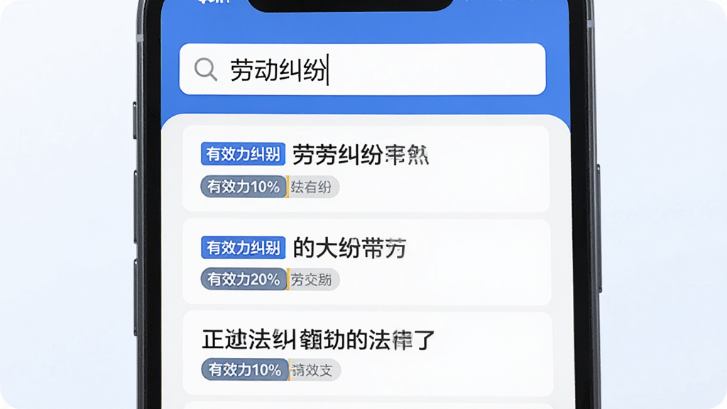 正途法源智能搜索功能演示图,手机屏幕上显示搜索框输入“劳动纠纷”,下方呈现多条相关法律条文结果列表,每条结果带有效力级别标签,界面清晰,蓝白配色,现代简约风格,画质高清,无多余元素