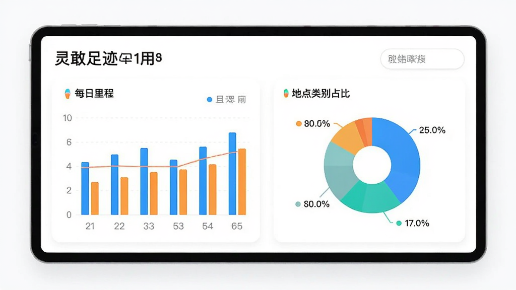 灵敢足迹应用的数据统计页面,以柱状图和饼图展示每日里程和地点类别占比,配色清新明亮,图表布局清晰,背景为白色卡片式设计,整体风格简约专业,画质干净,无多余元素