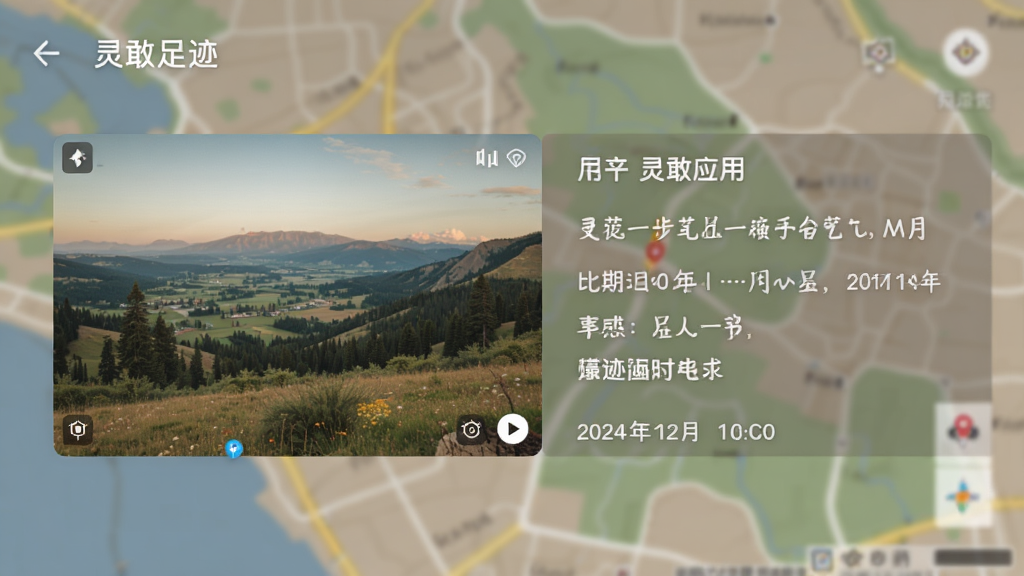 灵敢足迹应用中的地点详情页面,展示一张用户拍摄的风景照片,旁边附有文字备注和日期时间,背景为模糊地图,整体界面温馨且具有故事感,画质干净,无多余元素