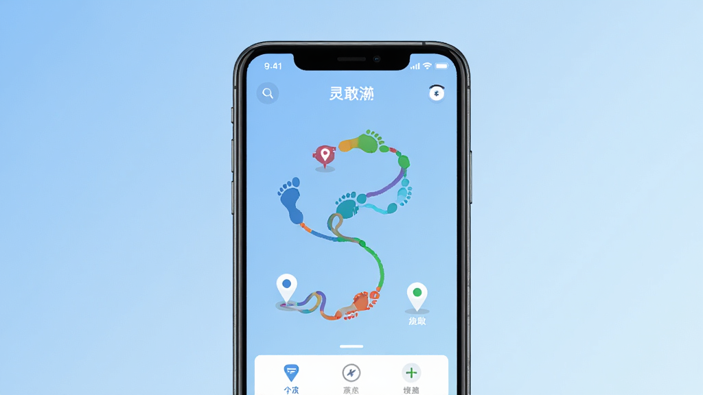 一幅展示智能手机屏幕的图片,屏幕中显示灵敢足迹应用的主界面,包含彩色足迹路线和地点标记,背景为淡雅渐变蓝色,整体布局简洁清晰,现代扁平化设计风格,细节丰富,画质干净,无多余元素