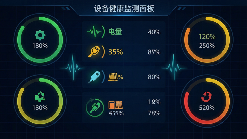 主体:设备健康监测面板,显示各设备状态图标与电量百分比。布局:仪表盘风格,环形进度条分布四周。排版:数据标签清晰,状态用颜色区分(绿/黄/红)。风格:深色主题,科技感强。细节:有脉冲信号动态效果,背景为深蓝色网格。画质:高清晰度,干净,无多余元素。