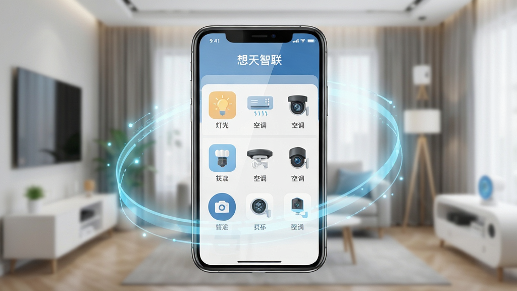 主体:想天智联App界面展示,手机屏幕显示设备管理列表,包含灯光、空调、摄像头等图标。布局:居中构图,手机位于画面中央,周围环绕淡蓝色科技光效。排版:界面元素清晰,图标排列整齐,顶部有“想天智联”字样。风格:现代扁平化,科技感。细节:屏幕反光自然,背景有虚化的智能家居场景。画质:4K高清,干净,无多余元素。