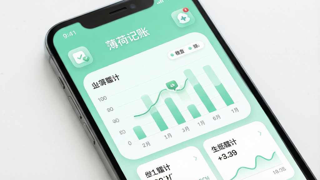 薄荷记账主界面展示,手机屏幕显示收支统计图表,背景为清新的薄荷绿渐变,界面简洁现代,图标圆润,数据清晰,整体风格明亮干净,画质高清,无多余元素