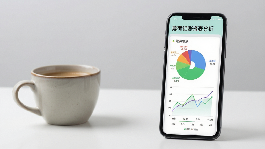 薄荷记账报表分析界面,手机显示彩色饼图和趋势线图,桌面摆放咖啡杯,背景为浅灰色,界面清晰,数据标注醒目,风格专业,画质高清,无多余元素