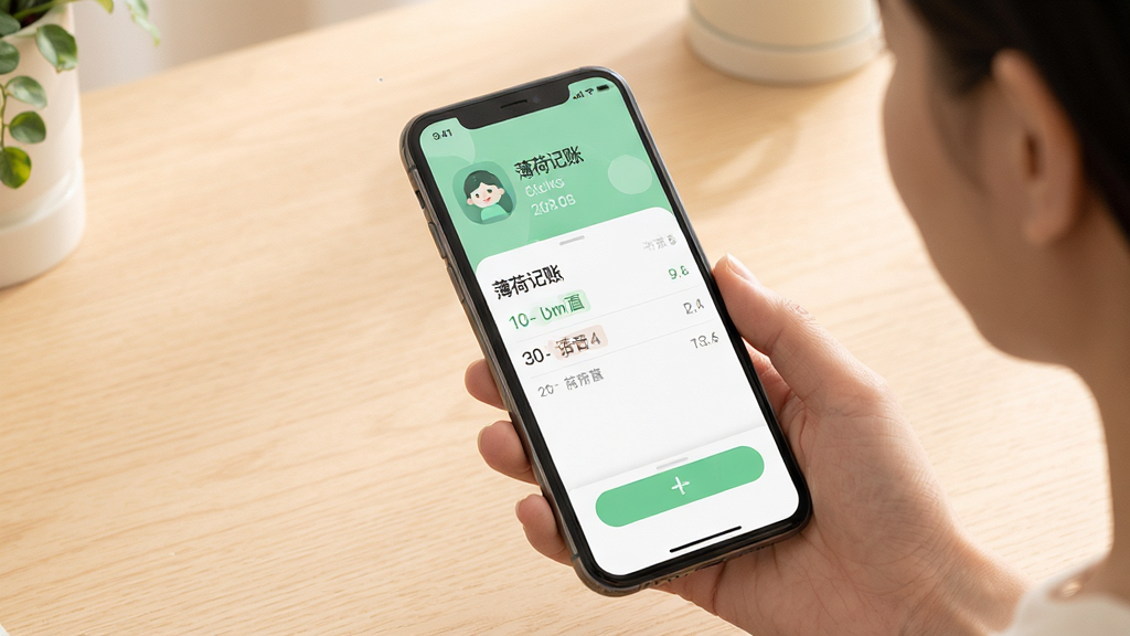 薄荷记账语音记账功能示意,用户对着手机说话,屏幕上自动生成记账条目,背景为浅色桌面,界面清爽,图标简洁,风格温馨,画质干净,无多余元素