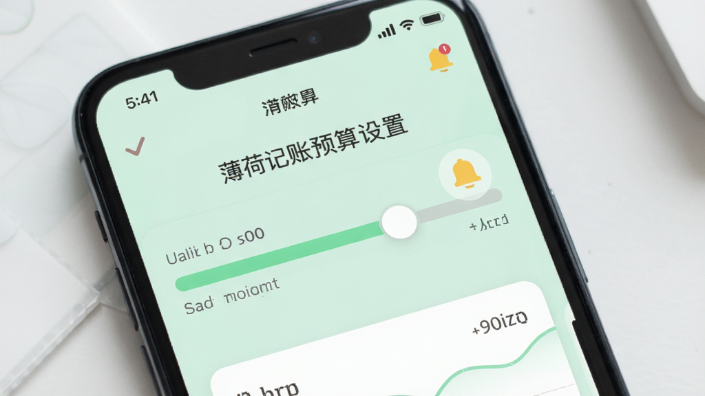 薄荷记账预算设置页面,手机上显示进度条和提醒图标,背景为淡绿色,界面简洁,风格清新,细节丰富,画质干净,无多余元素