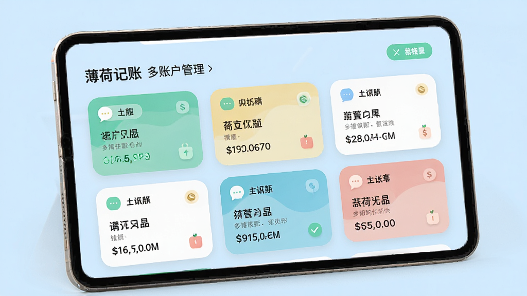 薄荷记账多账户管理界面,展示各类账户卡片和余额,背景为浅蓝色,卡片圆润,信息清晰,风格简约,画质高清,无多余元素
