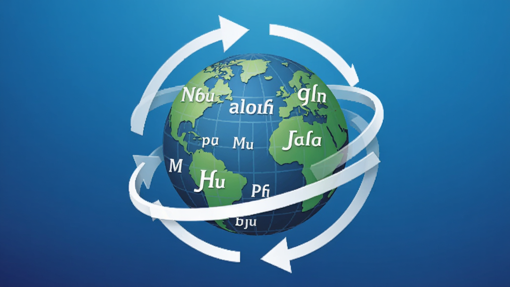 主体为地球仪与语言符号的组合图形,地球仪表面分布着多种语言文字的缩写,周围环绕着双向箭头,布局居中,采用渐变蓝色背景,图标风格简洁现代,细节上突出地球的立体感和文字符号的清晰度,画质高清、干净,无多余元素