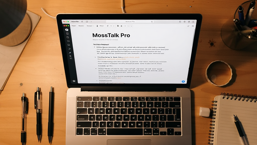 主体为一张书桌与笔记本电脑的俯视图,电脑屏幕上显示MossTalk Pro的写作界面,有标题和段落文字,旁边散落着几支笔和笔记本,布局为平视视角,采用暖色调,写实风格,细节上突出屏幕文字清晰度和桌面物品质感,画质高清、干净,无多余元素