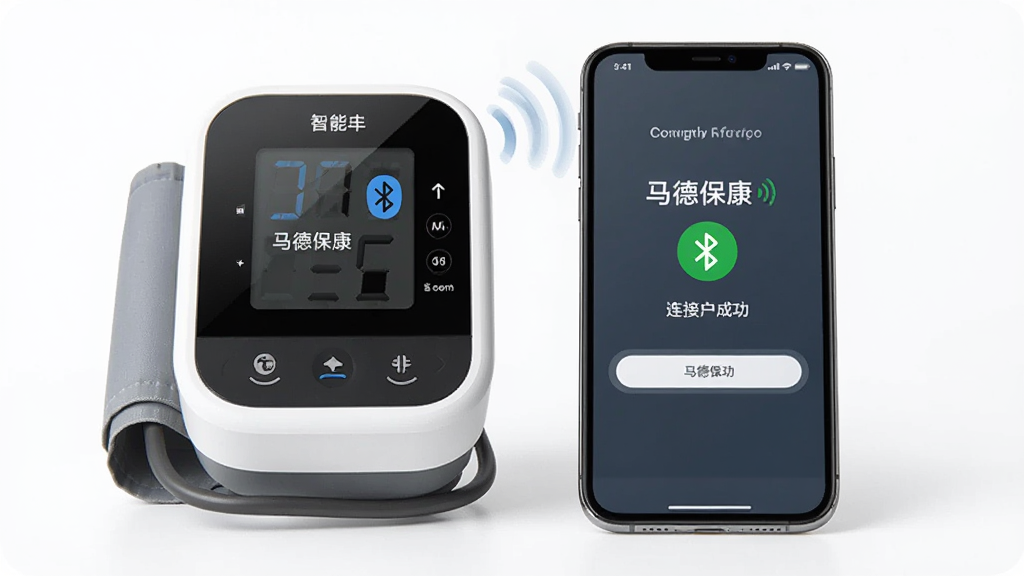 画面主体为智能血压计和智能手机并排摆放,手机屏幕显示