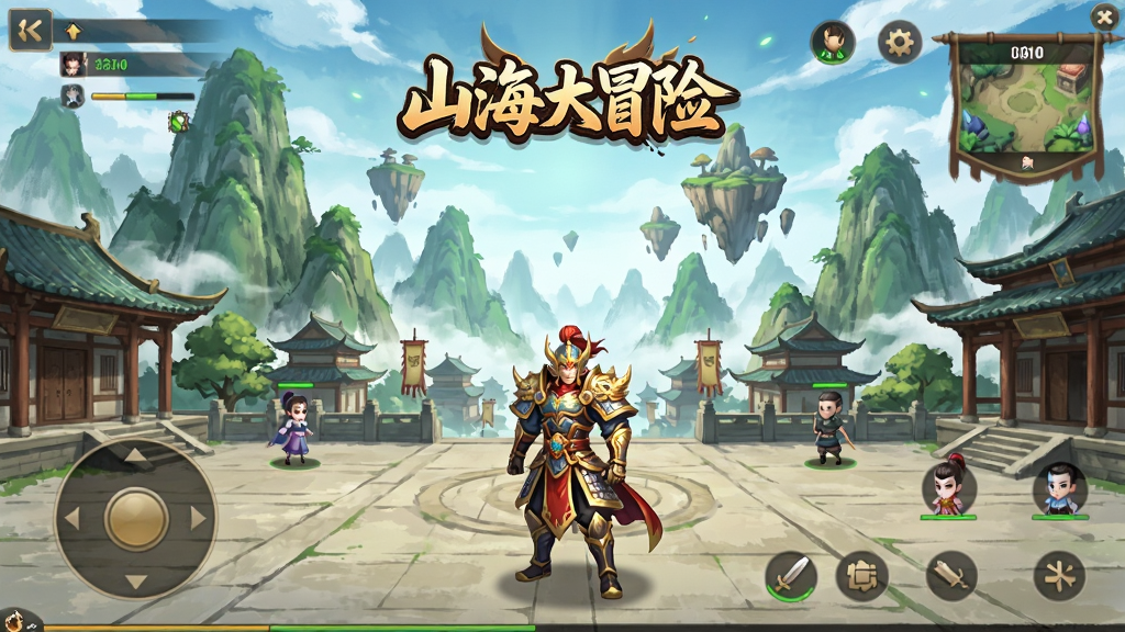 画面中央是游戏主城界面,青翠的山峦环绕,空中漂浮着仙岛,近处有古风建筑与NPC,主角身穿华丽铠甲站在广场上,头顶显示“山海大冒险”LOGO,UI布局清晰,整体风格为唯美国风水墨渲染,细节丰富,画质高清,干净无多余元素