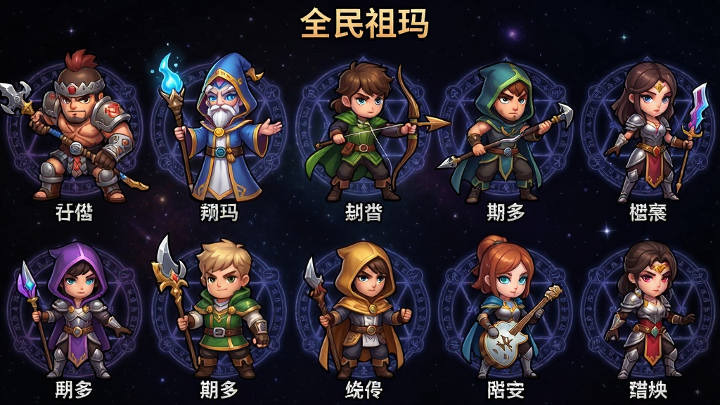游戏内九大职业角色的集合立绘,主体是九个姿态各异的卡通角色,分别代表战士、法师、射手、刺客等不同流派,排列成两排。布局采用横向展示,每个角色下方标注其流派名称。排版上角色大小均匀,背景为暗色星空与魔法阵图案。风格为精致韩系卡通风,细节突出各职业的武器与盔甲纹理。画质细腻干净,无多余元素,中央上方有“全民祖玛”字样。