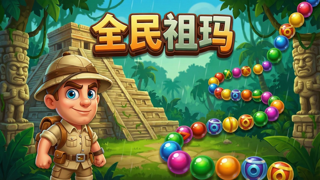 一幅充满神秘丛林气息的游戏宣传图,主体是色彩斑斓的祖玛珠子链和一位身着探险服的卡通主角,背景是古老的玛雅风格遗迹与茂密雨林。布局采用居中构图,主角位于画面左侧,右侧是蜿蜒的珠子队列。排版上突出游戏Logo“全民祖玛”置于顶部中央,字体立体醒目。整体风格为明亮鲜艳的卡通渲染,细节包含珠子的光泽质感与遗迹石雕纹理。画质高清干净,无多余元素。