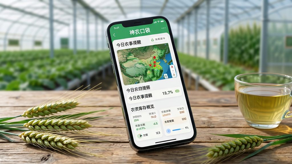 画面主体为一部智能手机屏幕正显示神农口袋App的主界面,界面清晰展示着农田分布图、今日农事提醒和农资库存概览。手机斜放在一张质朴的木质办公桌上,旁边散落着几株翠绿的麦穗和一杯清茶。背景是虚化的现代化农田大棚。布局采用中心构图,手机屏幕内容作为视觉焦点。风格写实且明亮,具有农业科技感。细节上屏幕内图表线条清晰,数据卡片圆润。画质高清,干净整洁,无多余元素。