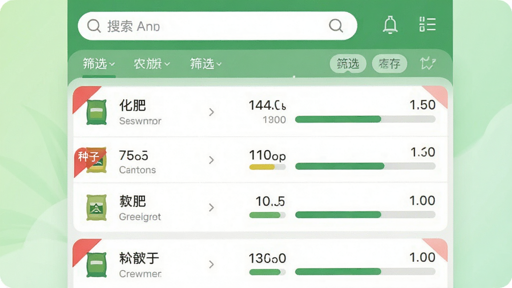 画面主体是神农口袋App的农资库存管理界面截图展示,屏幕上显示着化肥、种子等农资的列表,每个条目都有清晰的库存数字和进度条。界面布局为列表式,上方有搜索栏和筛选标签。背景是简洁的浅绿色渐变,风格为扁平化UI设计。细节上,库存预警条目用红色角标标出,数据字体清晰。画质干净,无多余元素。