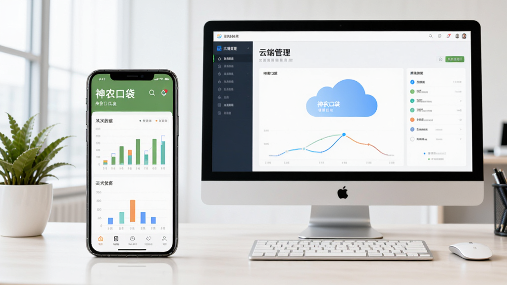 图片主体为一部手机和一台电脑并排放在办公桌上,手机屏幕显示神农口袋的数据图表,电脑屏幕显示同一账号的云端管理后台。布局为左右对称,风格为现代办公场景写实。细节上,手机和电脑屏幕内容清晰可见,桌面上有一盆绿植。画质干净,光线明亮,无多余元素。