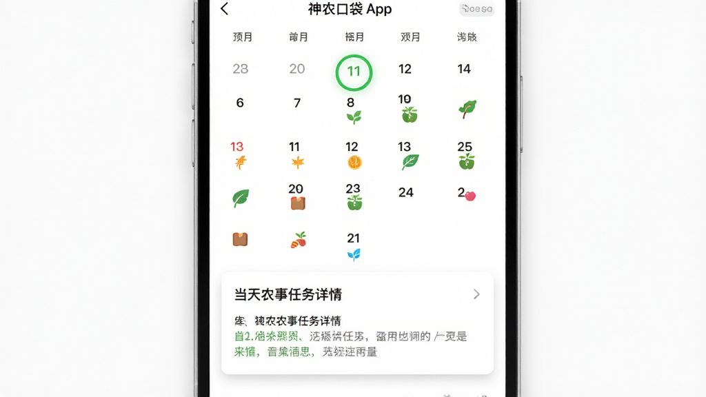 画面主体为神农口袋App的农事日历功能界面,采用月视图布局,某些日期上标注着彩色的小图标代表不同的农事类型。日历下方是当天的农事任务详情卡片。背景为纯白色,风格简洁清新。细节上,当前日期用绿色圆环高亮,任务卡片有淡淡的阴影。画质高清,整体干净,无多余元素。