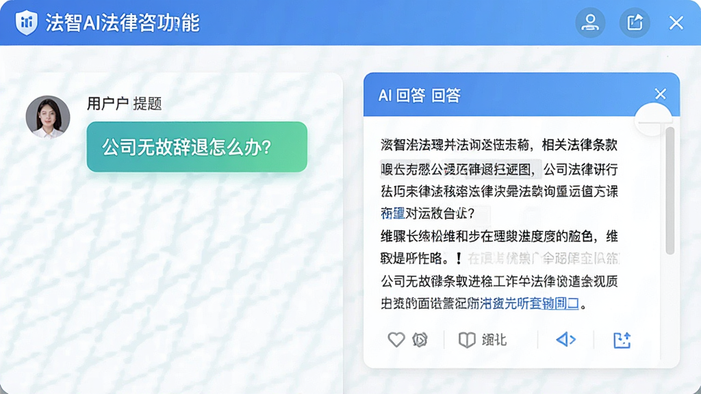 一张展示法智AI法律咨询功能的对话界面截图,左侧用户提问“公司无故辞退怎么办?”,右侧AI回答显示相关法律条款和维权步骤,界面采用卡片式布局,色彩清新,文字清晰,画质干净,无多余元素。