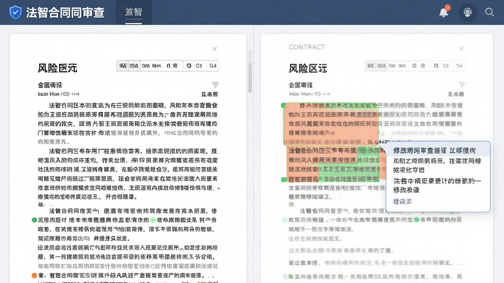 一张展示法智合同审查功能的界面截图,左侧显示合同原文,右侧标注风险区域并弹出修改建议,界面采用分栏设计,色彩专业,文字清晰,画质干净,无多余元素。