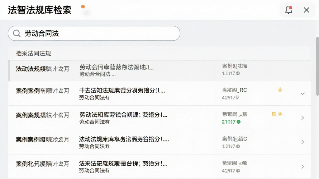 一张展示法智法规库检索结果的界面截图,搜索框输入“劳动合同法”,下方展示相关法规列表和案例摘要,界面采用列表式布局,色调淡雅,文字清晰,画质干净,无多余元素。