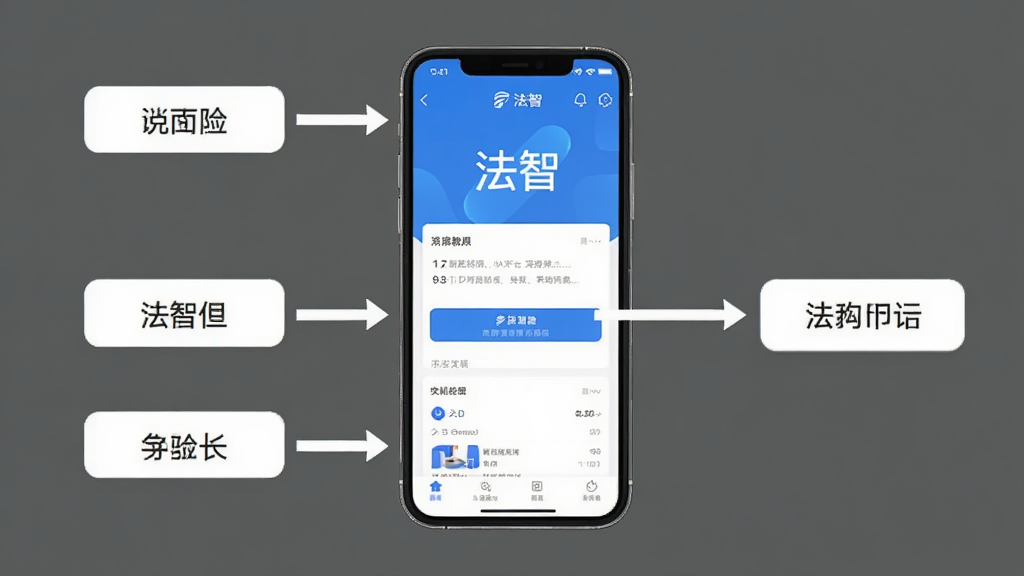 一张展示法智App使用教程的步骤图,手机屏幕显示“法智”主界面,旁边用箭头标注各功能按钮,背景为纯色,画面简洁,画质干净,无多余元素。