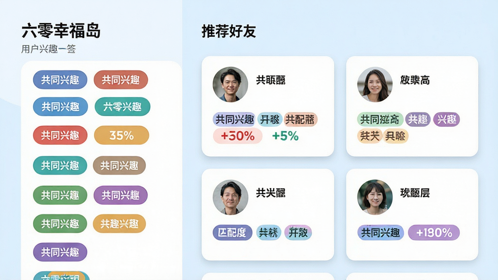 主体:展示“六零幸福岛”兴趣匹配功能界面,左侧是用户兴趣标签列表,右侧是推荐好友卡片;布局:左右分栏,卡片式排列,好友卡片显示头像、昵称、共同兴趣标签;排版:界面整洁,标签用彩色圆角矩形展示;风格:现代简约,浅蓝色背景,卡片白色,阴影柔和;细节:头像使用真实感肖像,标签文字清晰,匹配度百分比显眼;画质:高清,干净,无多余元素。