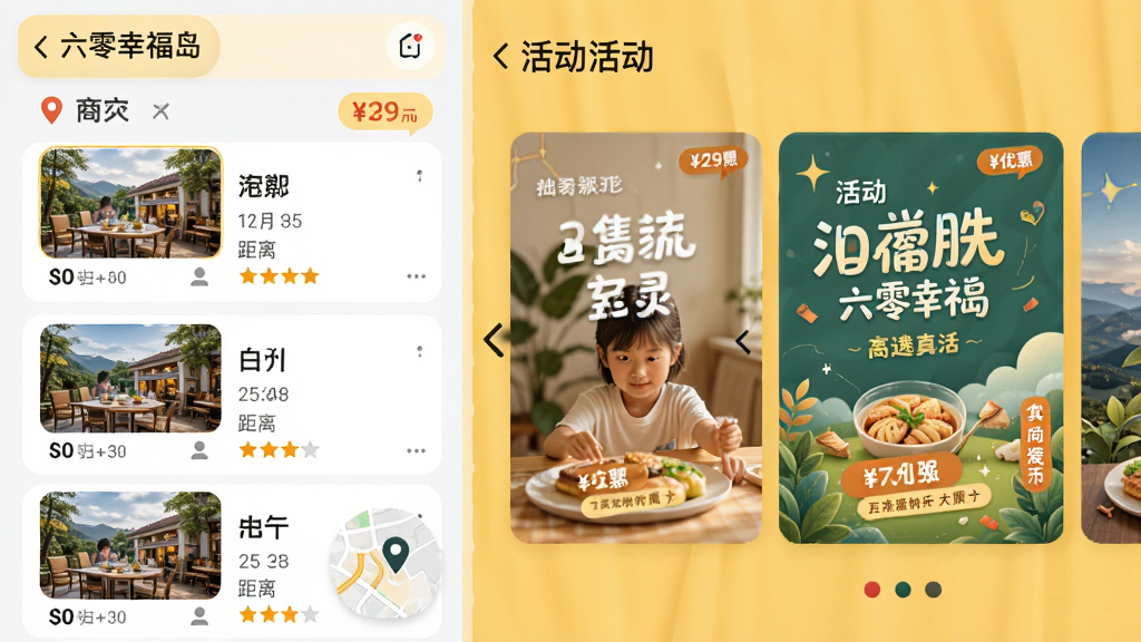 主体:“六零幸福岛”同城生活板块预览,展示附近商家列表和活动海报;布局:纵向列表,商家卡片包含图片、名称、距离、评分,活动海报采用大图轮播;排版:信息层级分明,价格和优惠标签高亮;风格:生活化写实风格,暖黄色调,营造温馨氛围;细节:地图小窗显示商家位置,活动海报设计精美;画质:高清实拍感,干净,无多余元素。