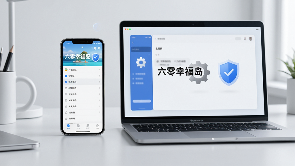主体:一部智能手机与一台笔记本电脑并排摆放,屏幕中显示“六零幸福岛”使用界面,旁边有齿轮图标和盾牌图标;布局:设备居中,背景为简约工作台,光线明亮;排版:手机与电脑屏幕内容呼应,暗示多端同步;风格:写实摄影风,浅灰色背景,突出科技感;细节:屏幕上有清晰的菜单列表,盾牌图标代表安全;画质:4K高清,干净,无多余元素。