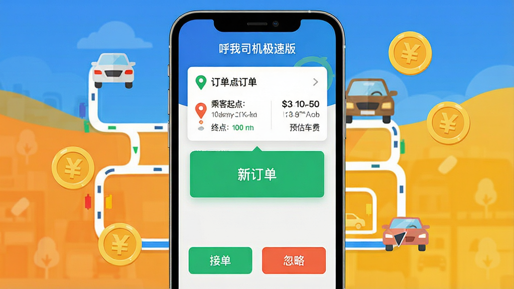 主体:智能手机屏幕显示“呼我司机极速版”派单界面,带有“新订单”弹窗。布局:手机居中,周围环绕简洁的交通路线图标与金币符号。排版:屏幕上方为订单信息卡片,下方为“接单”与“忽略”按钮。风格:扁平化UI风格,色彩鲜明,突出功能性与易用性。细节:订单卡片上显示乘客起点、终点与预估车费,软件名称“呼我司机极速版”位于界面顶部,按钮图标清晰。画质:高清、干净、无多余元素。