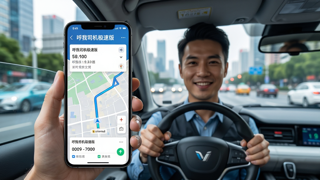 主体:一辆现代网约车行驶在繁华城市街道上,驾驶员手持手机屏幕显示“呼我司机极速版”订单界面。布局:车辆位于画面中央偏左,手机界面清晰可见,背景为虚化的城市天际线。排版:手机界面突出显示订单信息与导航地图,上下留白适中。风格:写实风格,色彩明亮,突出科技感与专业感。细节:驾驶员面带微笑,手机屏幕上的软件名称“呼我司机极速版”字样清晰可辨,地图路线与订单卡片细节完整。画质:高清、干净、无多余元素。