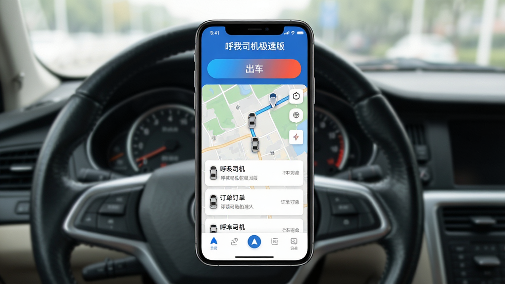 主体:一部智能手机竖屏显示“呼我司机极速版”主界面,背景为模糊的驾驶室。布局:手机居中,屏幕内容清晰可见,周围有方向盘与仪表盘元素。排版:屏幕上方为“出车”按钮,中央为地图与订单列表,底部为导航栏。风格:写实与UI结合,光线柔和。细节:地图上显示车辆图标与路线,软件名称“呼我司机极速版”位于顶部,按钮颜色醒目。画质:高清、干净、无多余元素。