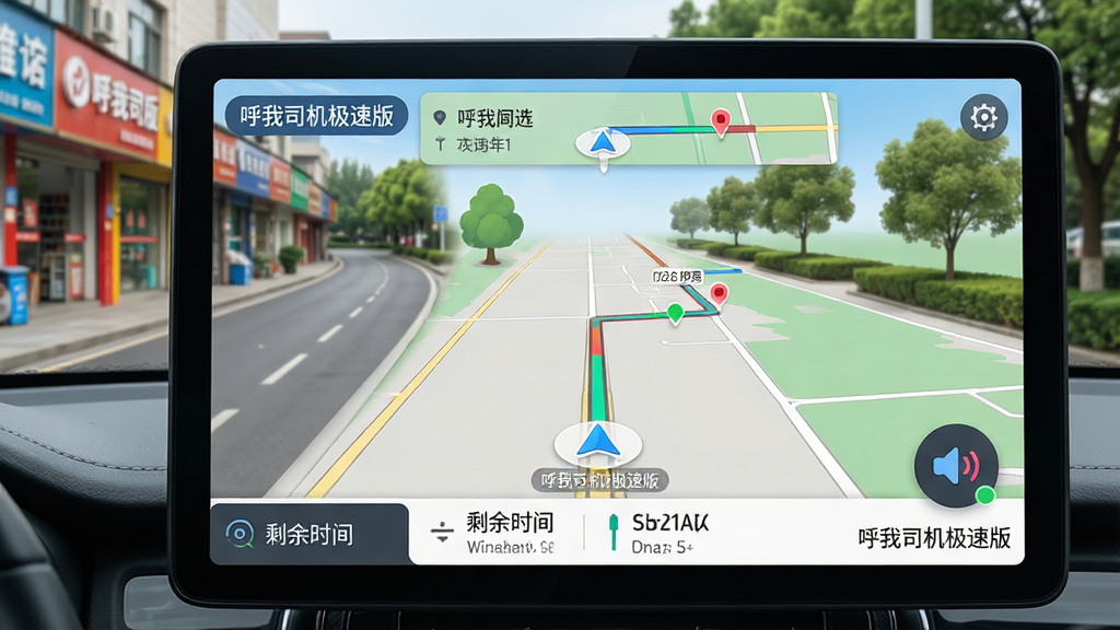 主体:车载导航屏幕显示“呼我司机极速版”导航界面,前方道路清晰。布局:屏幕占据画面主体,道路向左前方延伸,两侧有商铺与树木。排版:导航界面底部显示剩余时间与距离,顶部为路线概览条。风格:写实与UI结合,色调清晰自然。细节:地图上标注实时路况颜色,语音播报图标闪烁,软件名称“呼我司机极速版”出现在界面角落。画质:高清、干净、无多余元素。