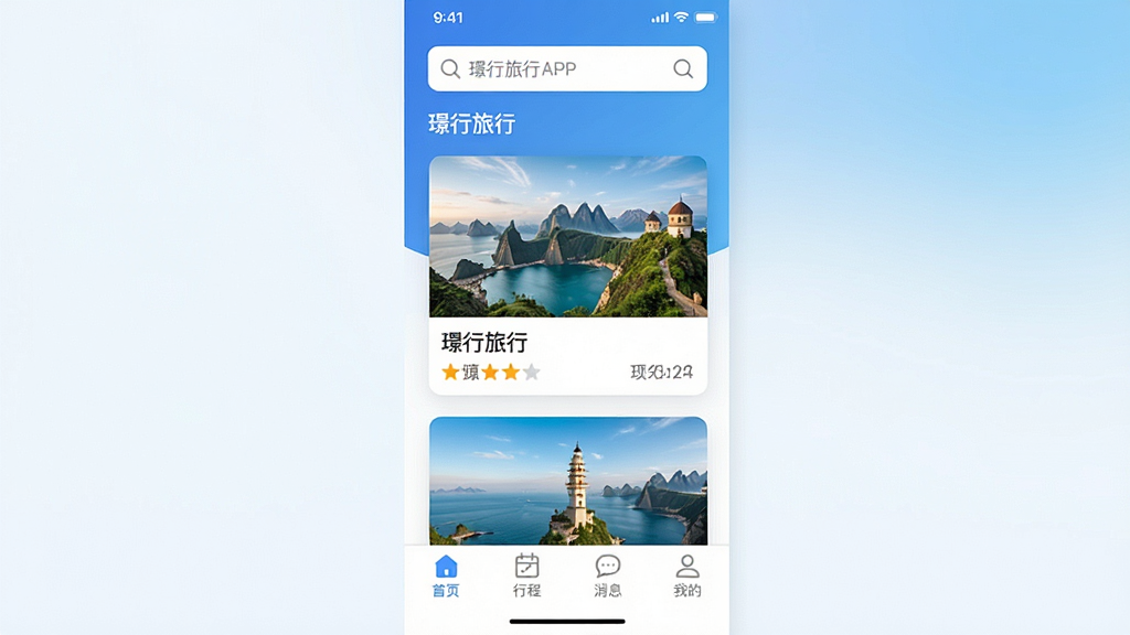 一张展示行旅行APP主界面的高清截图,界面采用蓝白渐变主色调,顶部为搜索栏,中部为推荐景点卡片瀑布流布局,卡片上显示景点图片、名称和评分,底部为功能导航栏,包含首页、行程、消息、我的四个标签,整体风格简约现代,画质清晰干净,无多余元素,文字标签为“行旅行”